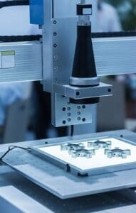 Robot examining camera in factory